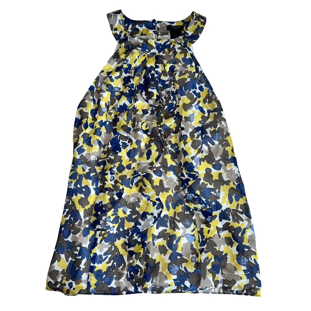 Ann Taylor Blue Yellow Abstract Floral Ruffle Halter Blouse Top Size 2